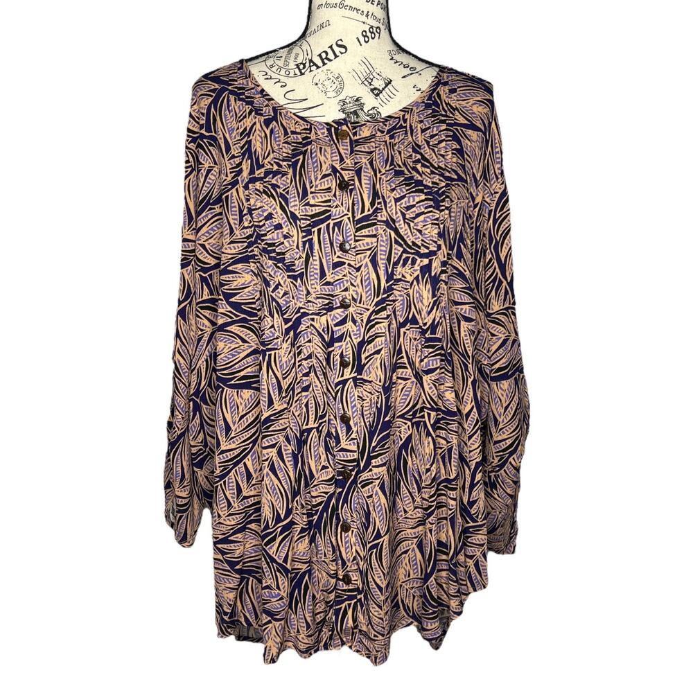 Avenue SIZE 26/28 Leaf Patterned Button Up Top Olivia Pintuck Shirt Blouse